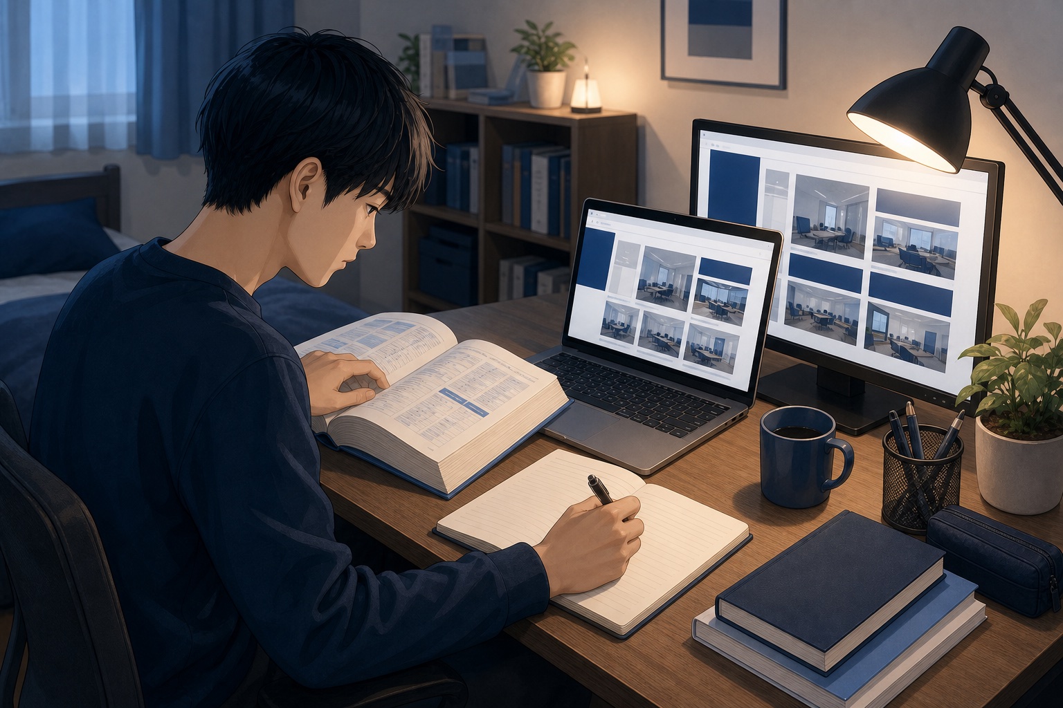 就活生が自室の机で会社四季報や採用サイトを見比べながらノートにメモを取っている様子のイラスト