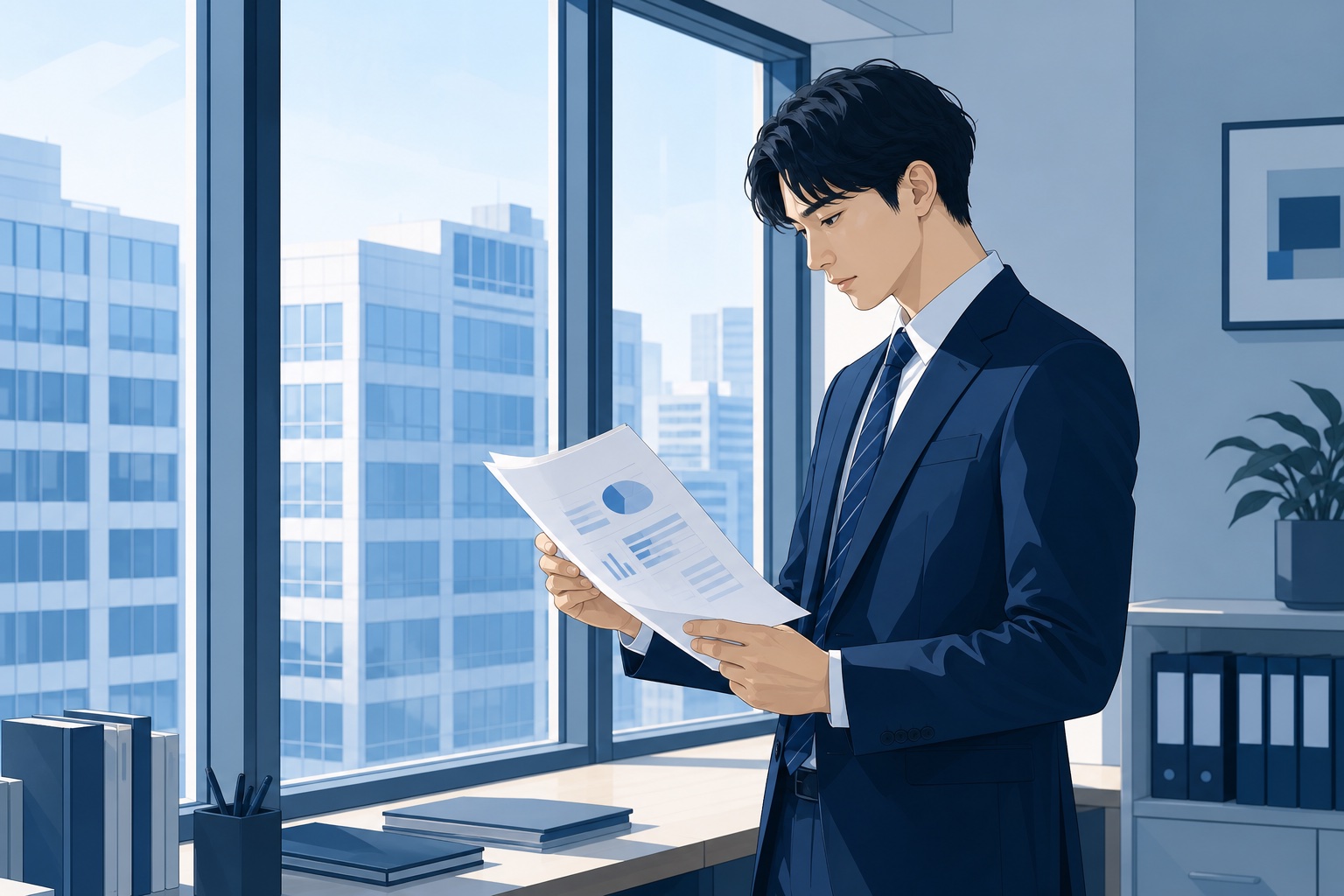 オフィスの窓際で資料を眺めながら考え込む若手社会人のイラスト