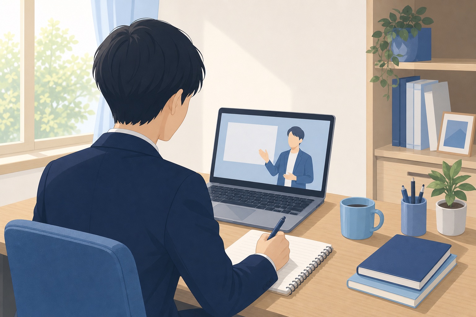 ノートパソコンで学習動画を視聴しながらメモを取る就活生の後ろ姿のイラスト