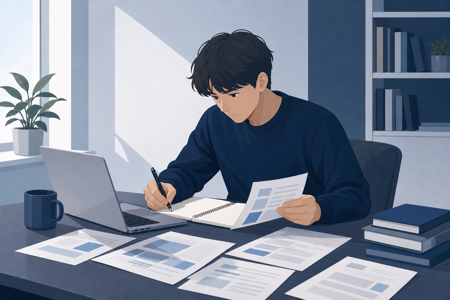 就活生が複数の企業資料を見比べながらノートにメモを取る様子のイラスト