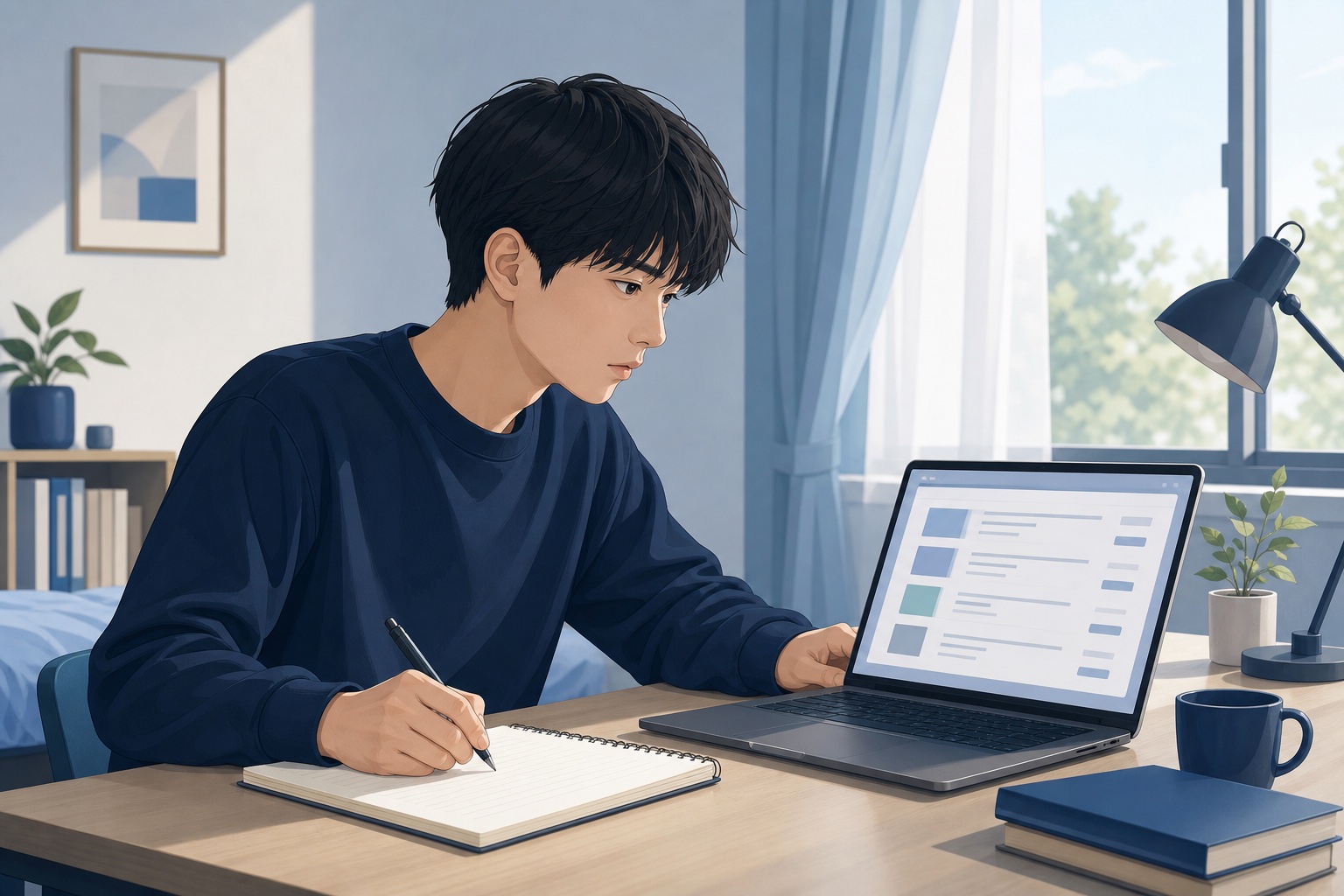 大学生が自室でノートパソコンの求人サイトの企業一覧を見ながらノートにメモを取っている様子のイラスト