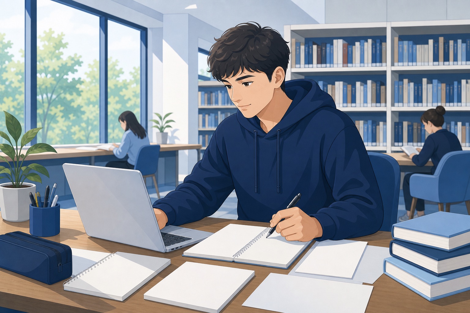 大学の図書館でノートパソコンとノートを広げ、気になる企業をリストアップしている就活生のイラスト