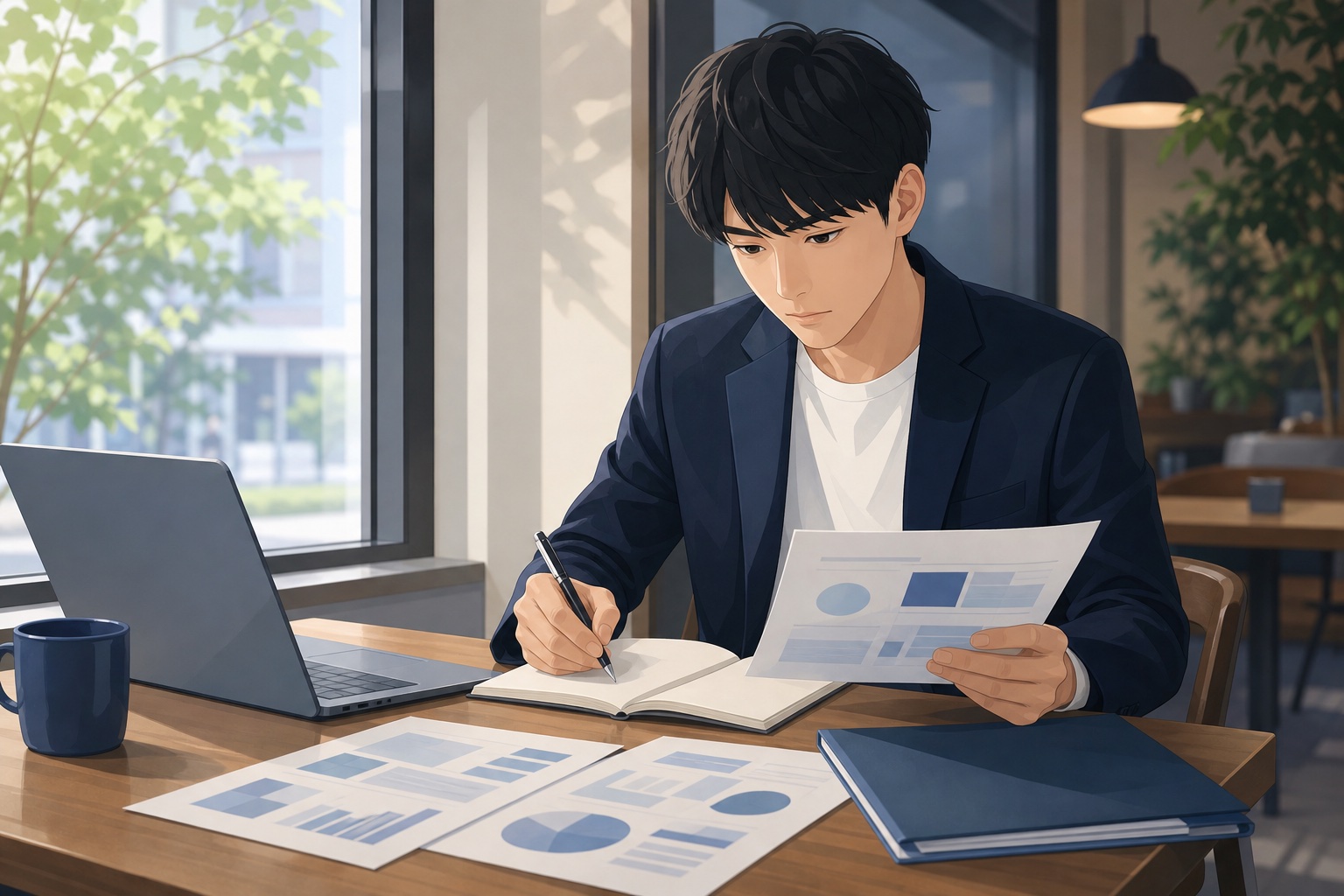 就活生がカフェで企業の資料を見比べながらノートにメモを取っている様子のイラスト