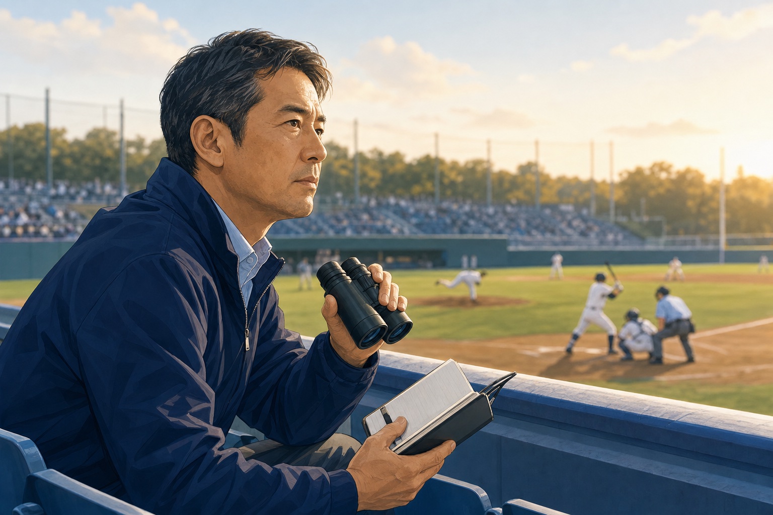 野球場のスタンドで双眼鏡と手帳を手に選手を観察するスカウトのイラスト