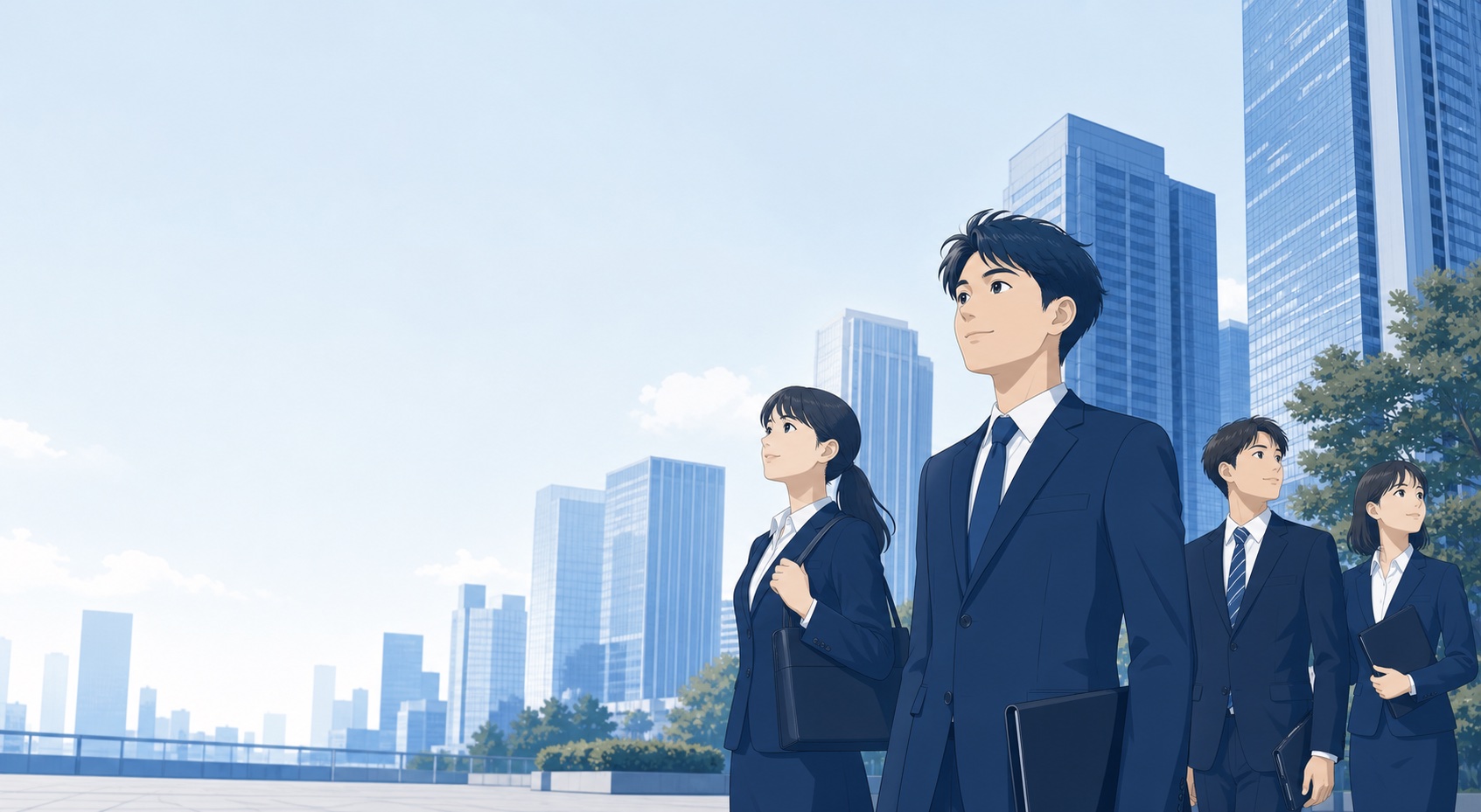 スーツ姿の就活生がビジネス街で前向きに企業研究に取り組む様子のイラスト