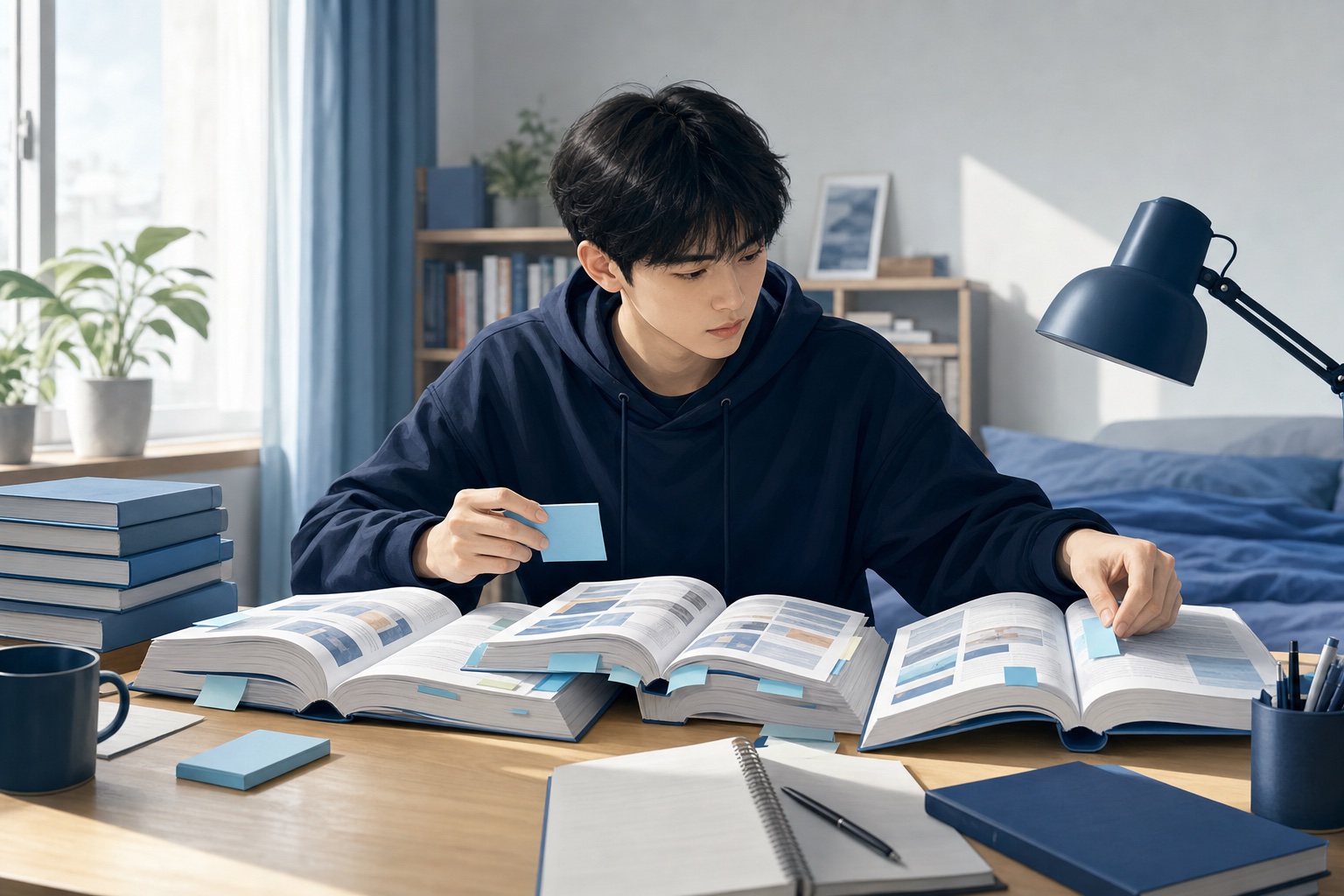 大学生が自室の机で就職四季報らしき書籍を数冊広げ、付箋を貼りながら見比べている様子