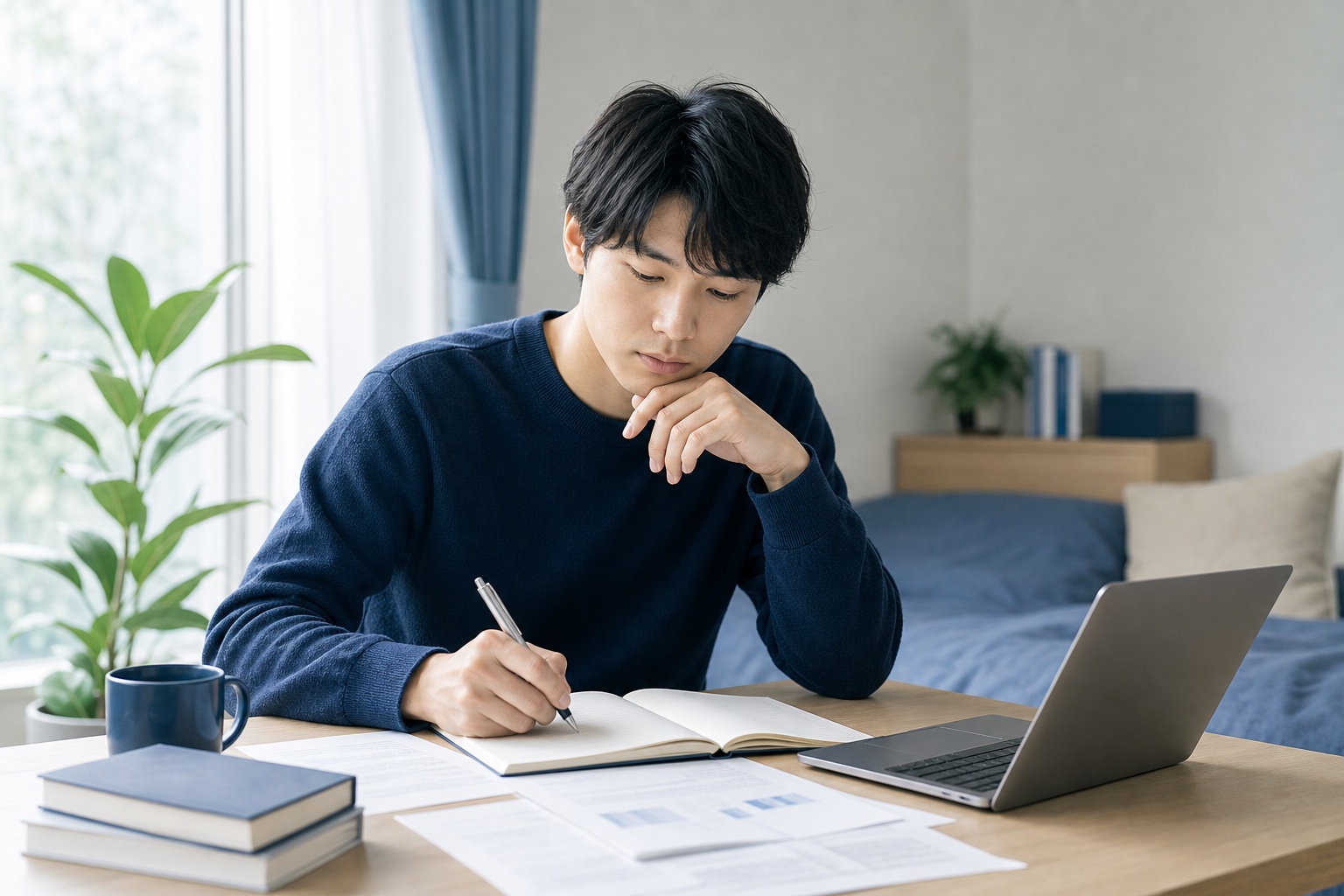 就活生が自室の机でノートに自己分析を書き込んでいる様子
