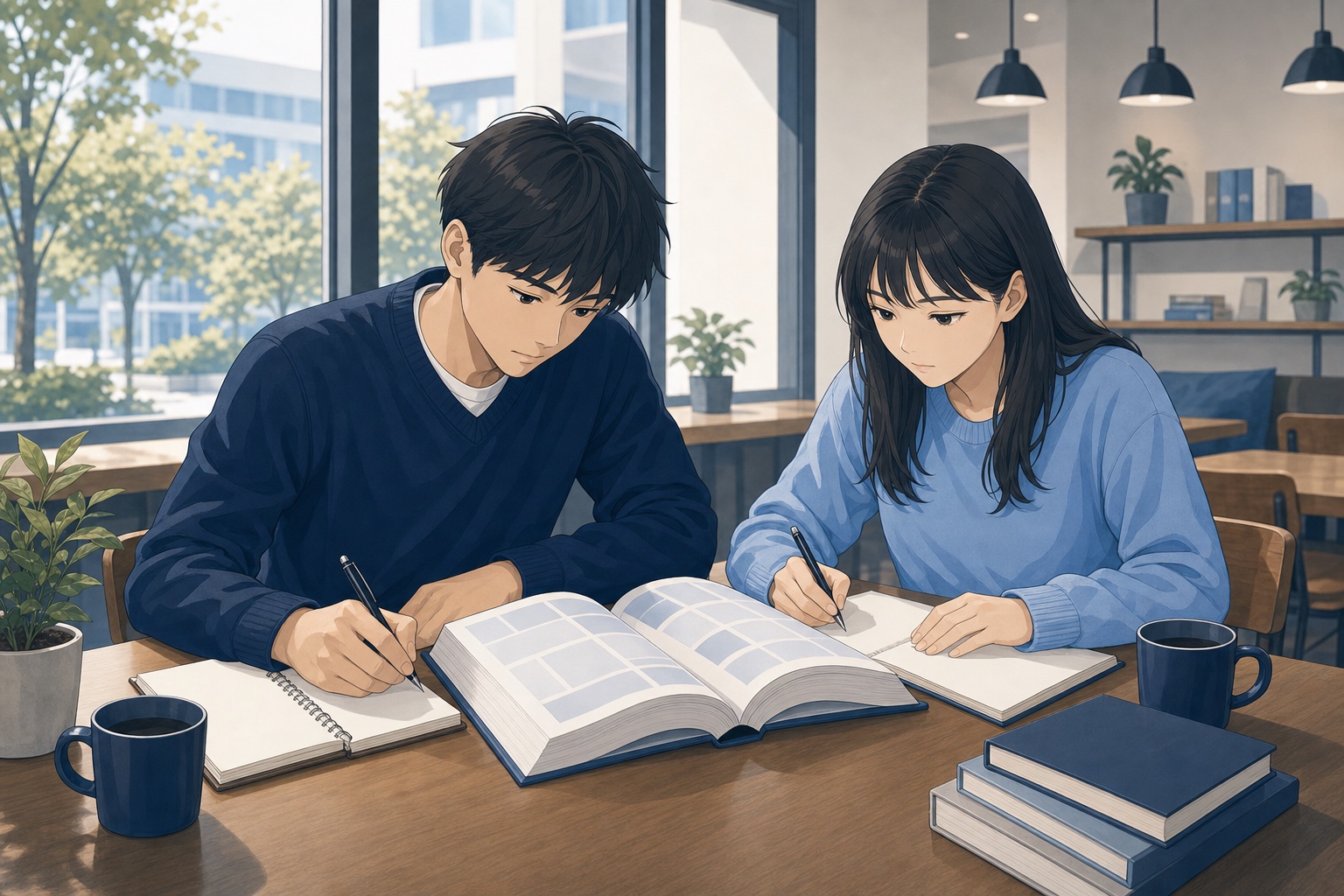 カフェで就職四季報を読み込みながらノートに書き込む就活生の男女