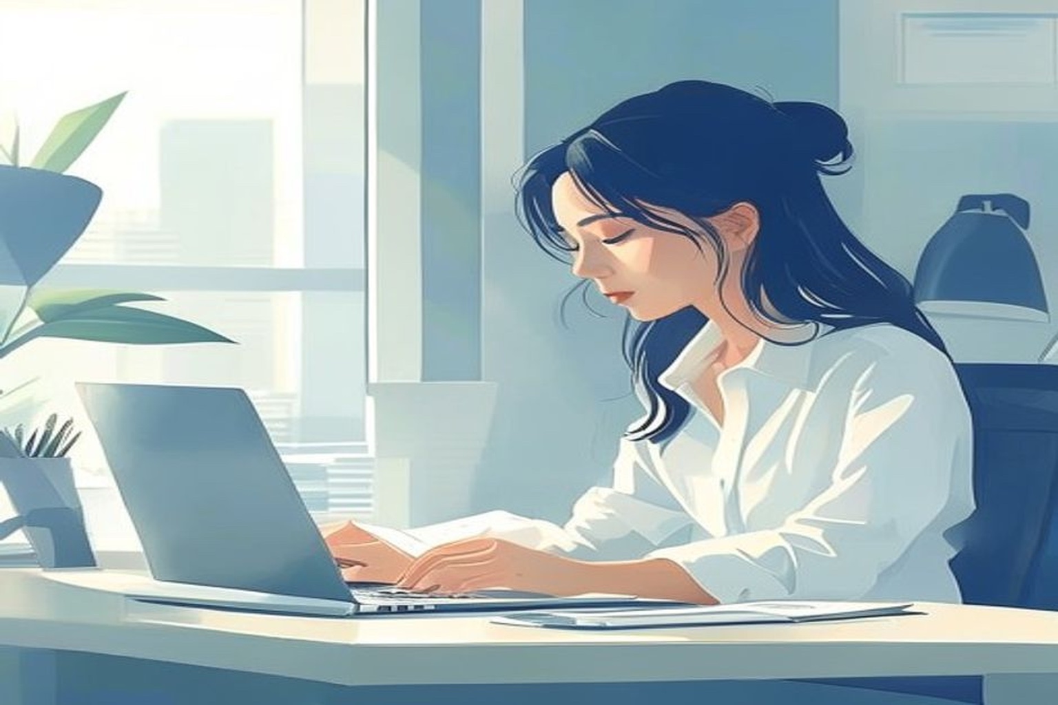 オフィスの窓際で企業パンフレットとノートパソコンを広げて企業研究をする20代女性のイラスト