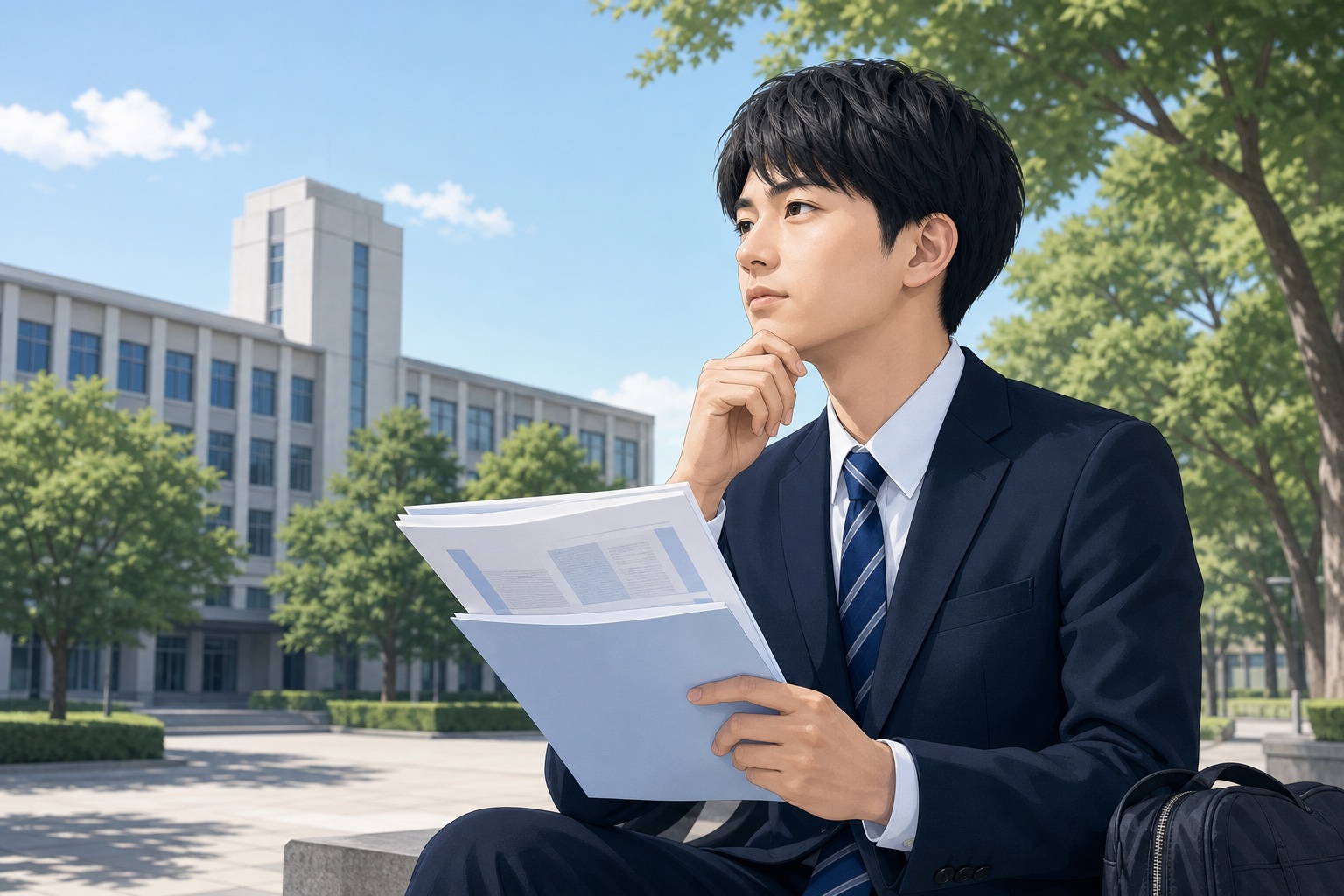 地方国立大学のキャンパスでリクルートスーツ姿の就活生が就職資料を手に考え込んでいる様子のイラスト