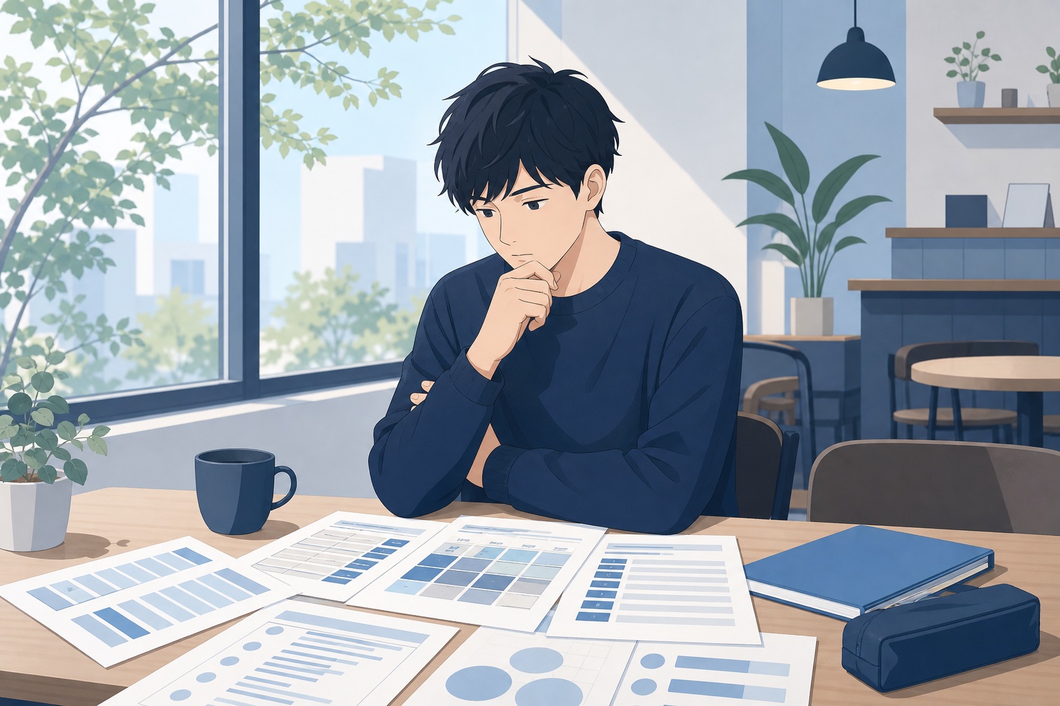 就活中の学生がカフェで複数の企業比較シートを広げて考え込んでいる様子のイラスト