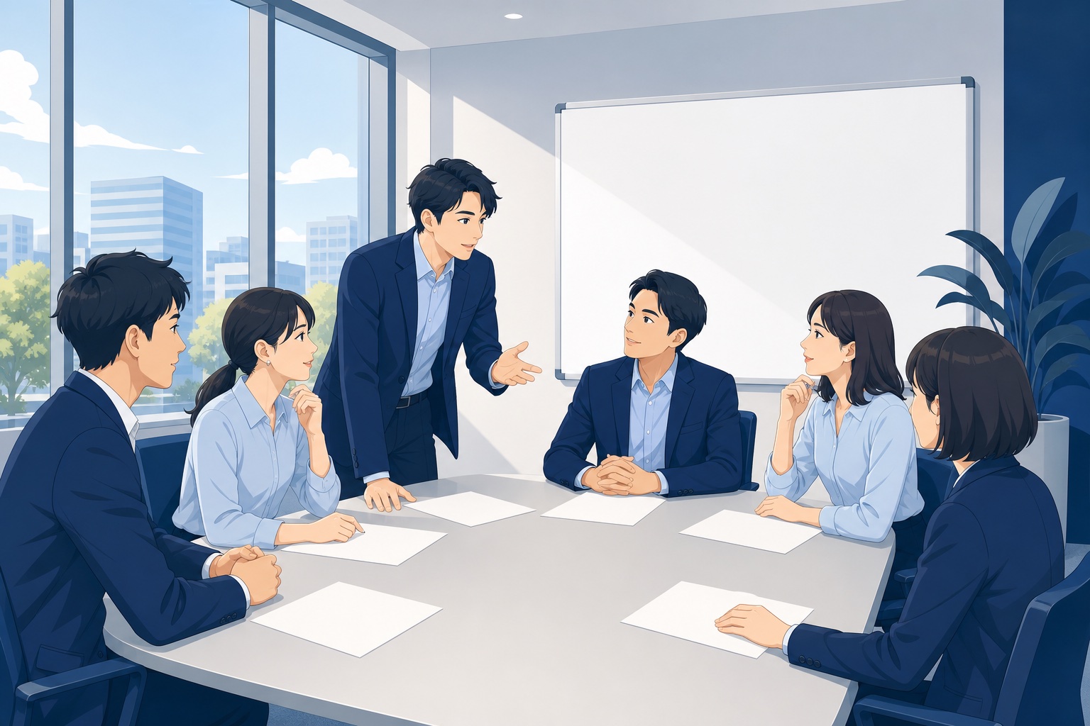 明るい会議室でホワイトボードを囲みながら打ち合わせをするビジネスパーソンたちのイラスト