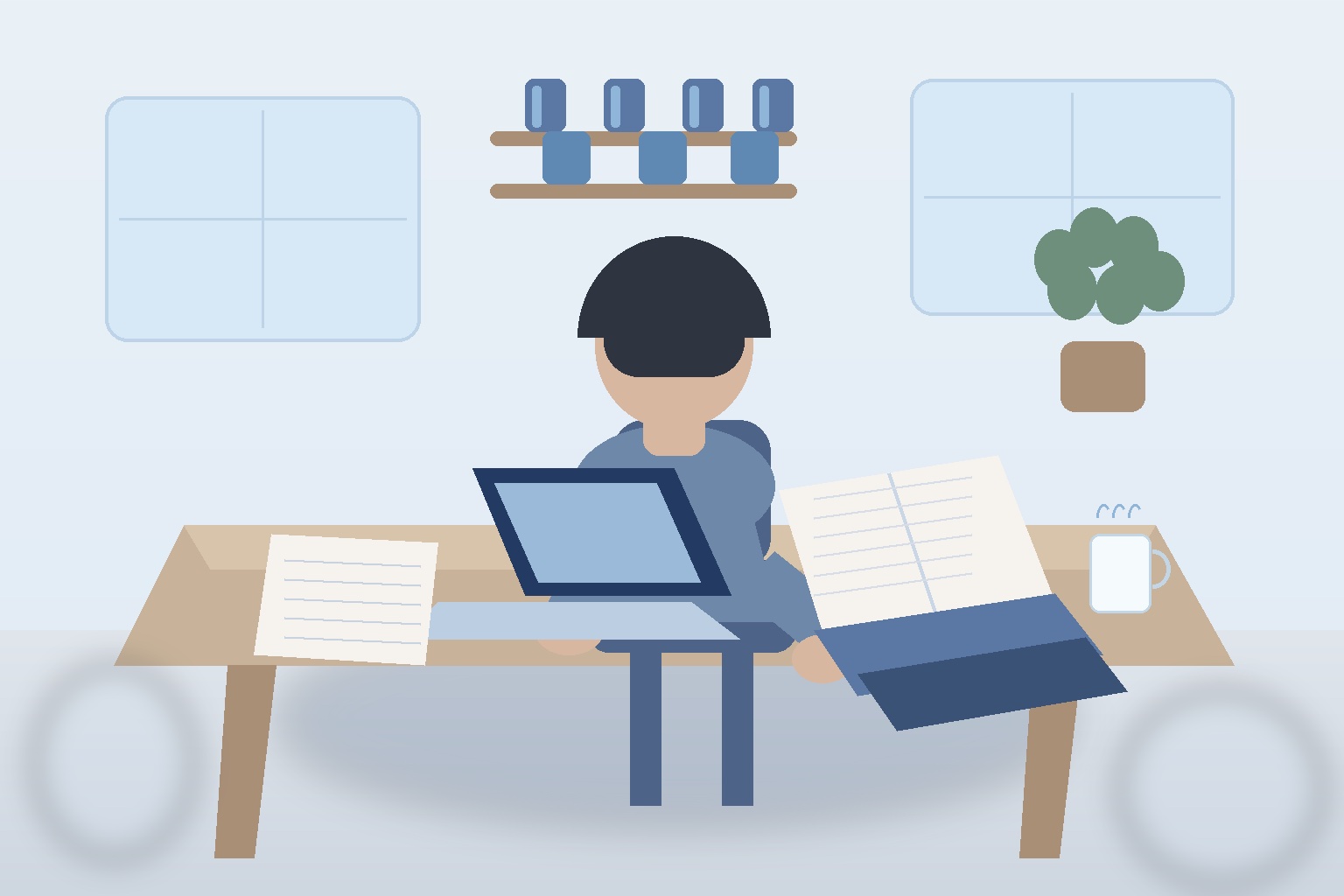 就活生が落ち着いた空間でノートパソコンと企業研究の情報誌を広げて調べている様子のイラスト