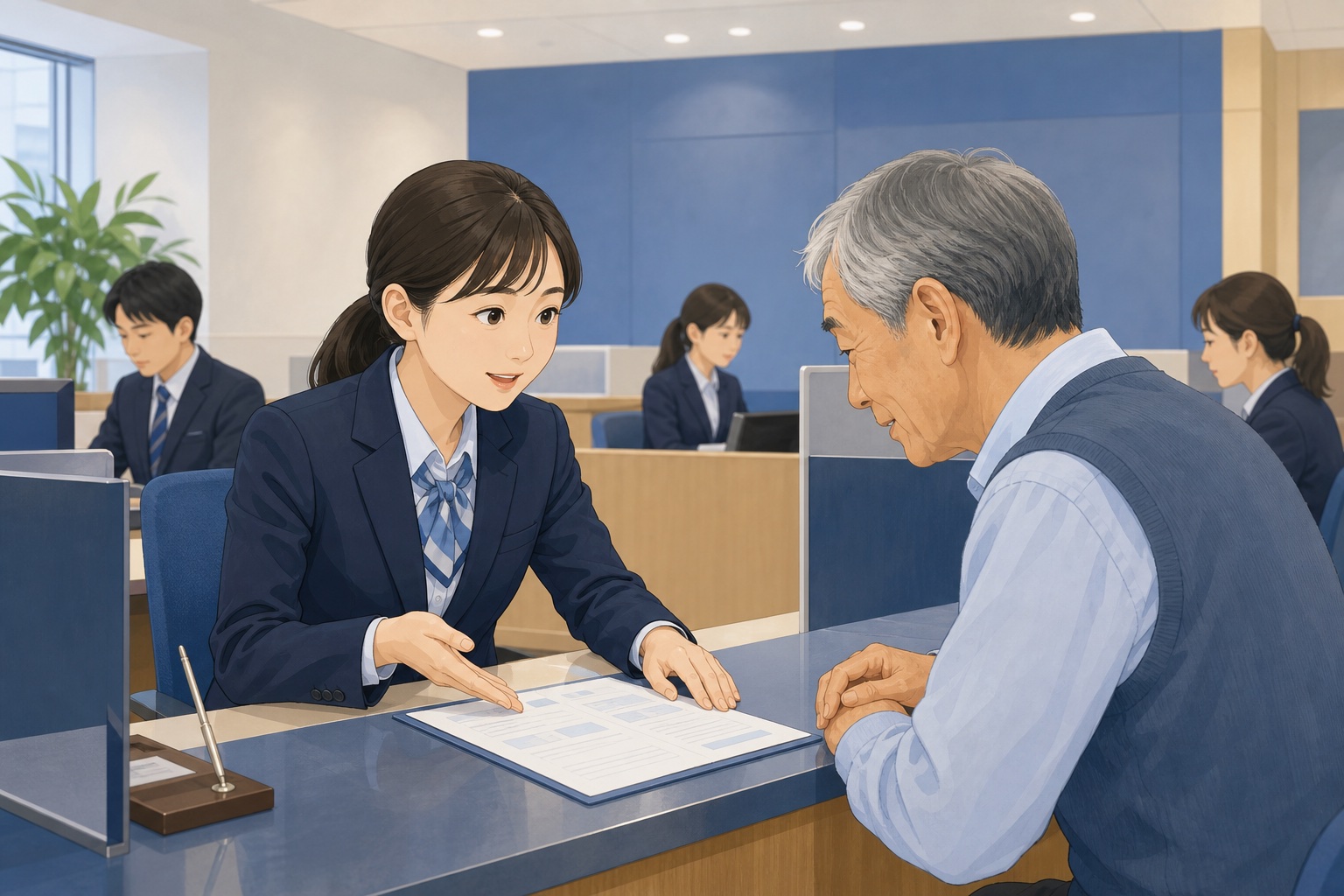 地方銀行の窓口で行員が高齢の顧客に書類を示しながら説明している様子
