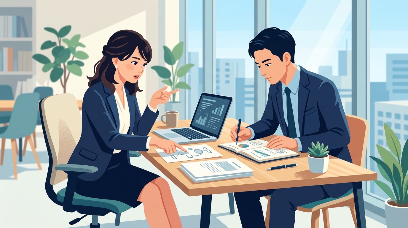 オフィスで企業資料とノートPCを見比べながら企業研究を進める2人のビジネスパーソン