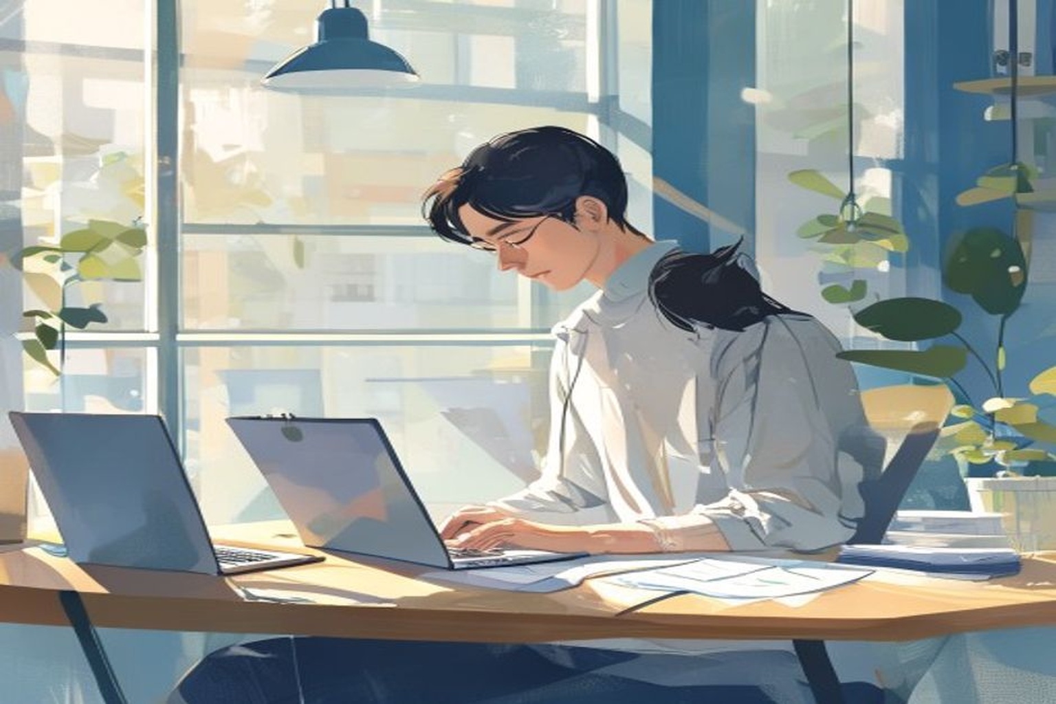 就活生が決算資料やノートを広げてパソコンで会社の安定性を調べている様子のイラスト