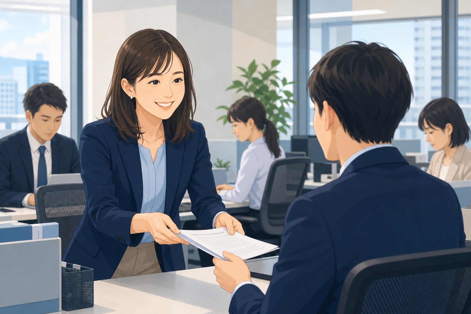 オフィスで同僚に笑顔で資料を手渡すESFJタイプの女性社員のイラスト