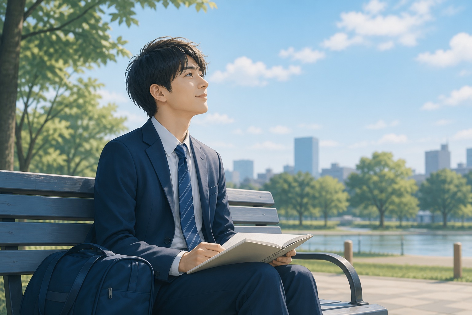 スーツ姿の理系学生が公園のベンチでノートを広げ、大学キャンパスを背景に将来を考えている様子のイラスト