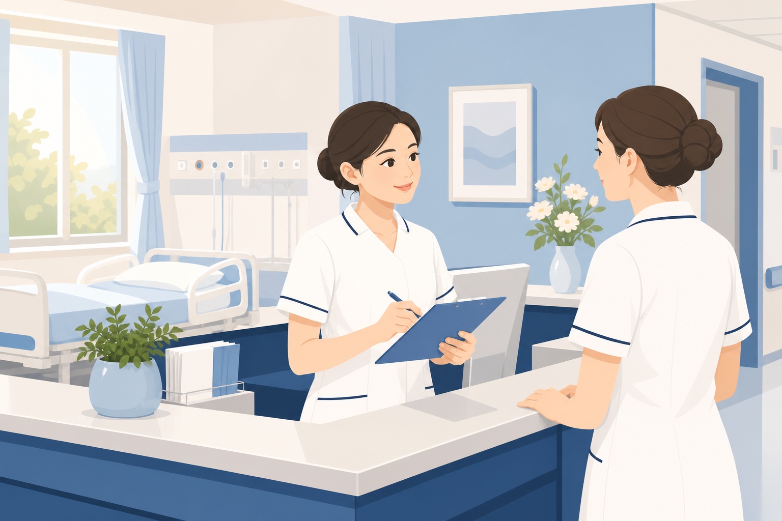 病棟のナースステーションで看護師二人が穏やかに情報共有をしている様子のイラスト