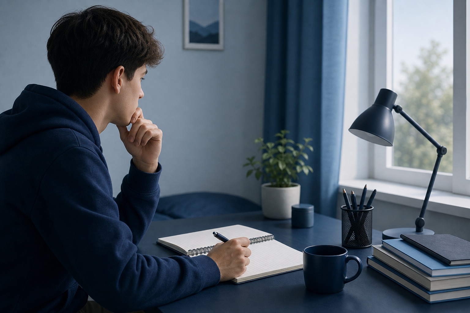 自室の机でノートを開き自分の性格について考え込む就活生の様子