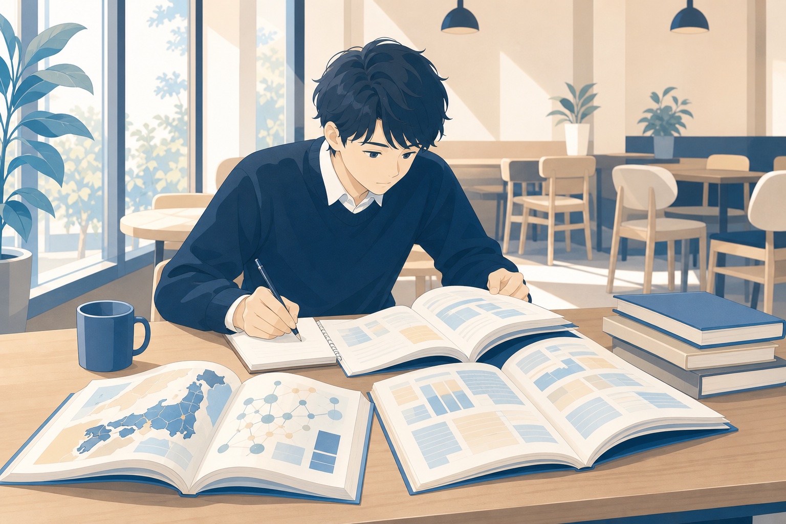 就活生がカフェで複数の業界地図本を広げ、ノートにメモを取りながら読み比べている様子