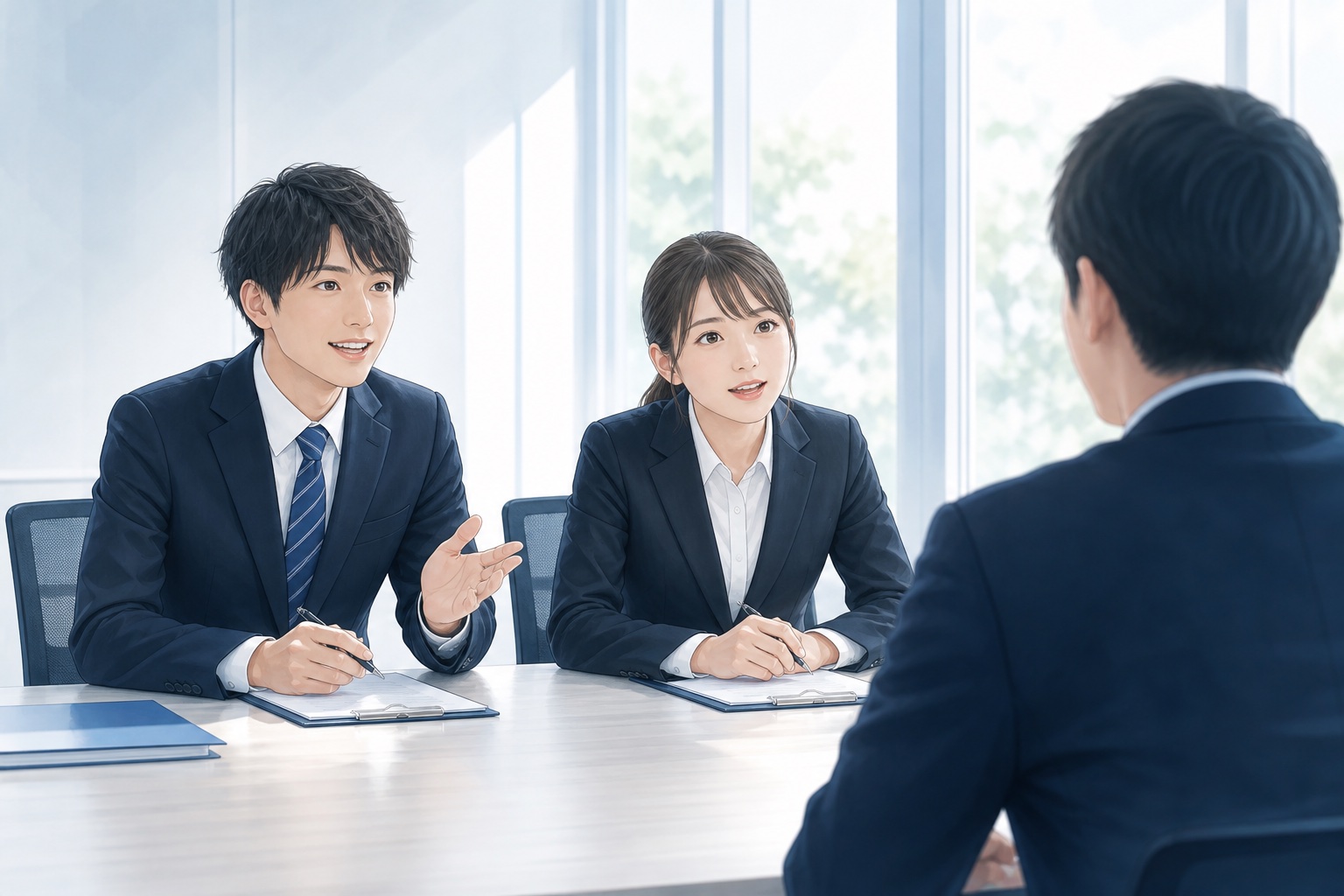 就活生が面接室で面接官に逆質問をしている様子のイラスト