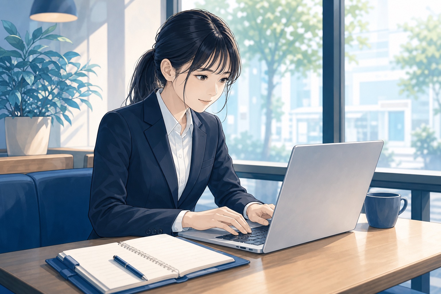 カフェスペースでノートパソコンを見ながらノートにメモを取る就活生のイラスト
