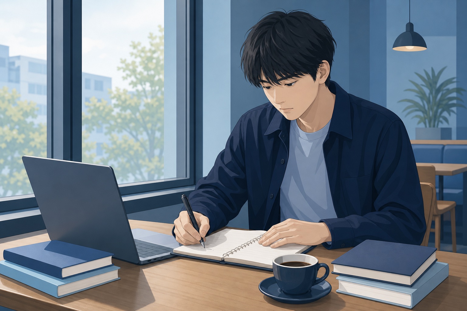 就活中の学生がカフェの窓際でノートパソコンと手帳を使い自己分析のメモを書いている様子のイラスト