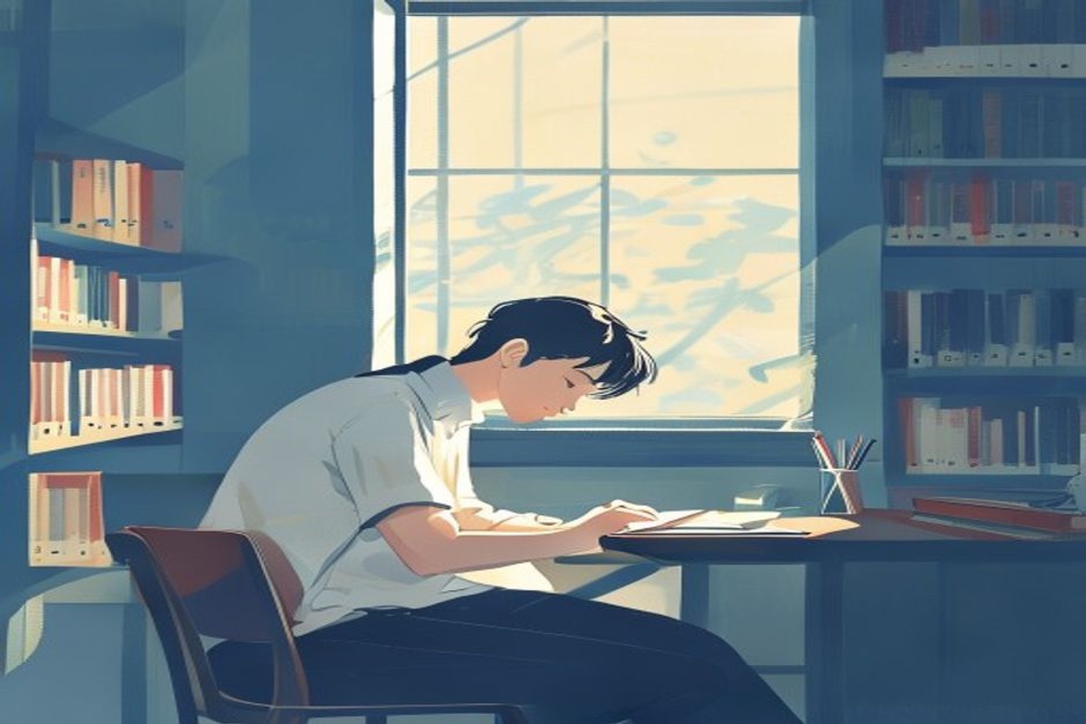 大学の図書館で過去の経験を振り返りながら考え込む大学生のイラスト