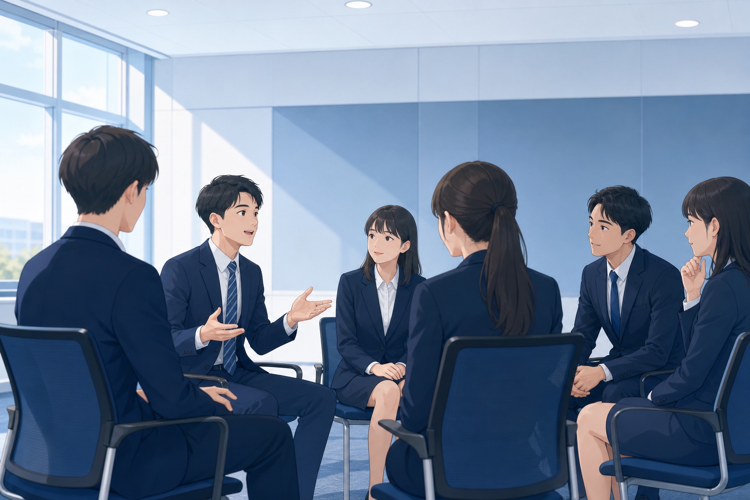 就活スーツを着た学生たちが円になって座りグループディスカッションをしている様子