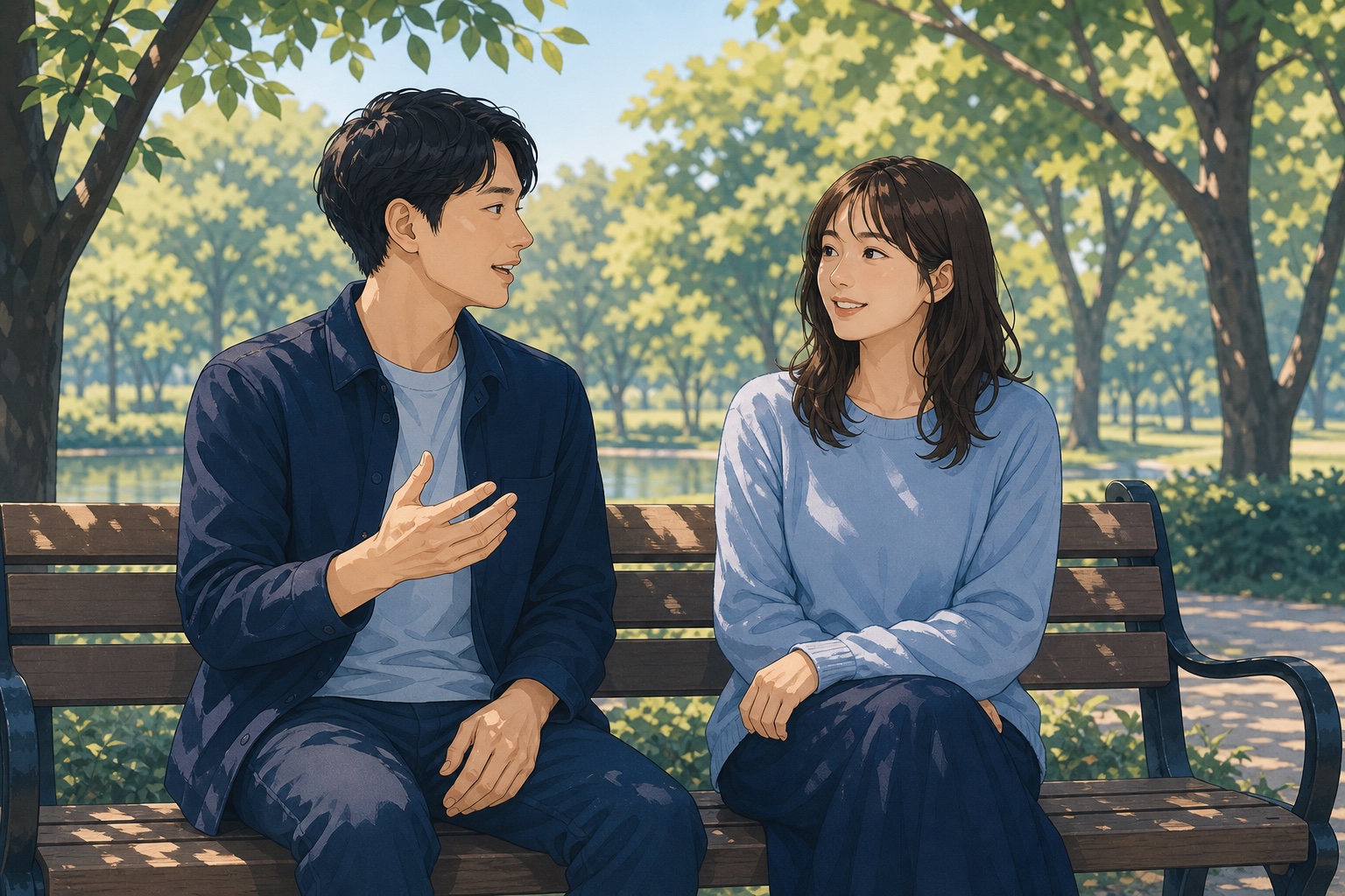 公園のベンチで穏やかに会話をする男女のイラスト。恋愛における相性を考える場面を表現