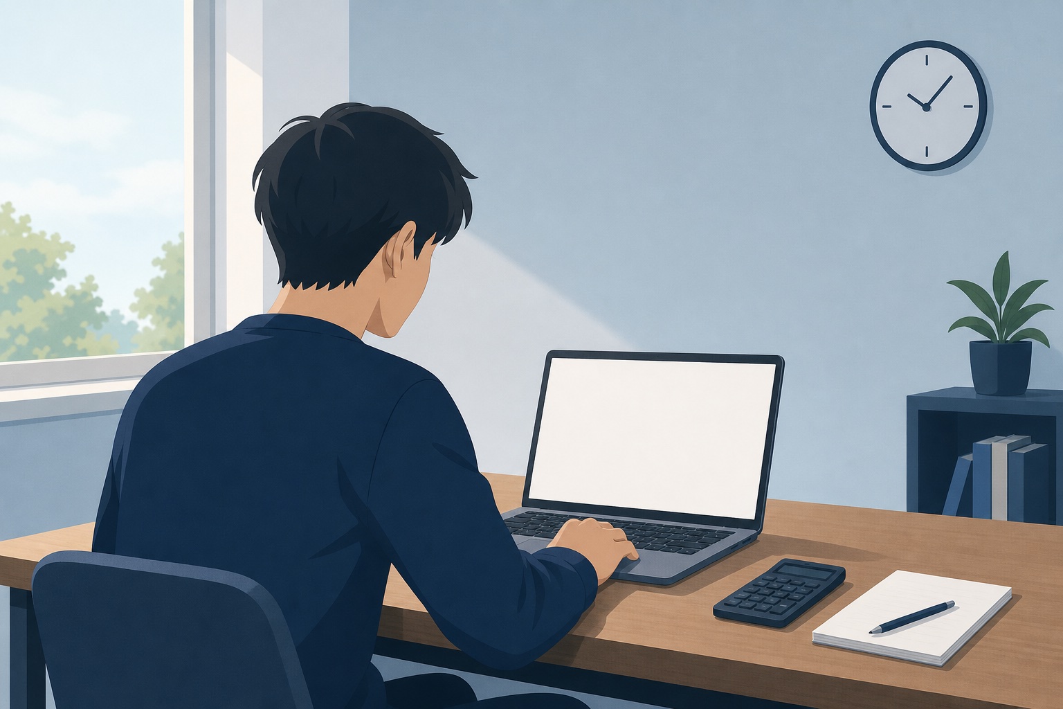 自室の机でノートパソコンに向かい玉手箱を受験している大学生のイラスト