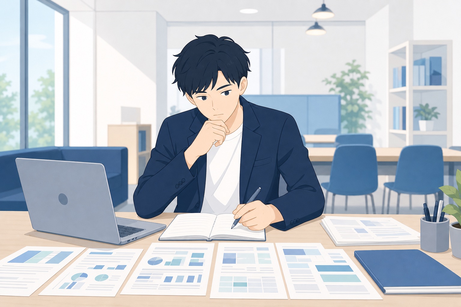 就活生がノートパソコンと複数の企業資料を見比べながら考え込んでいる様子のイラスト