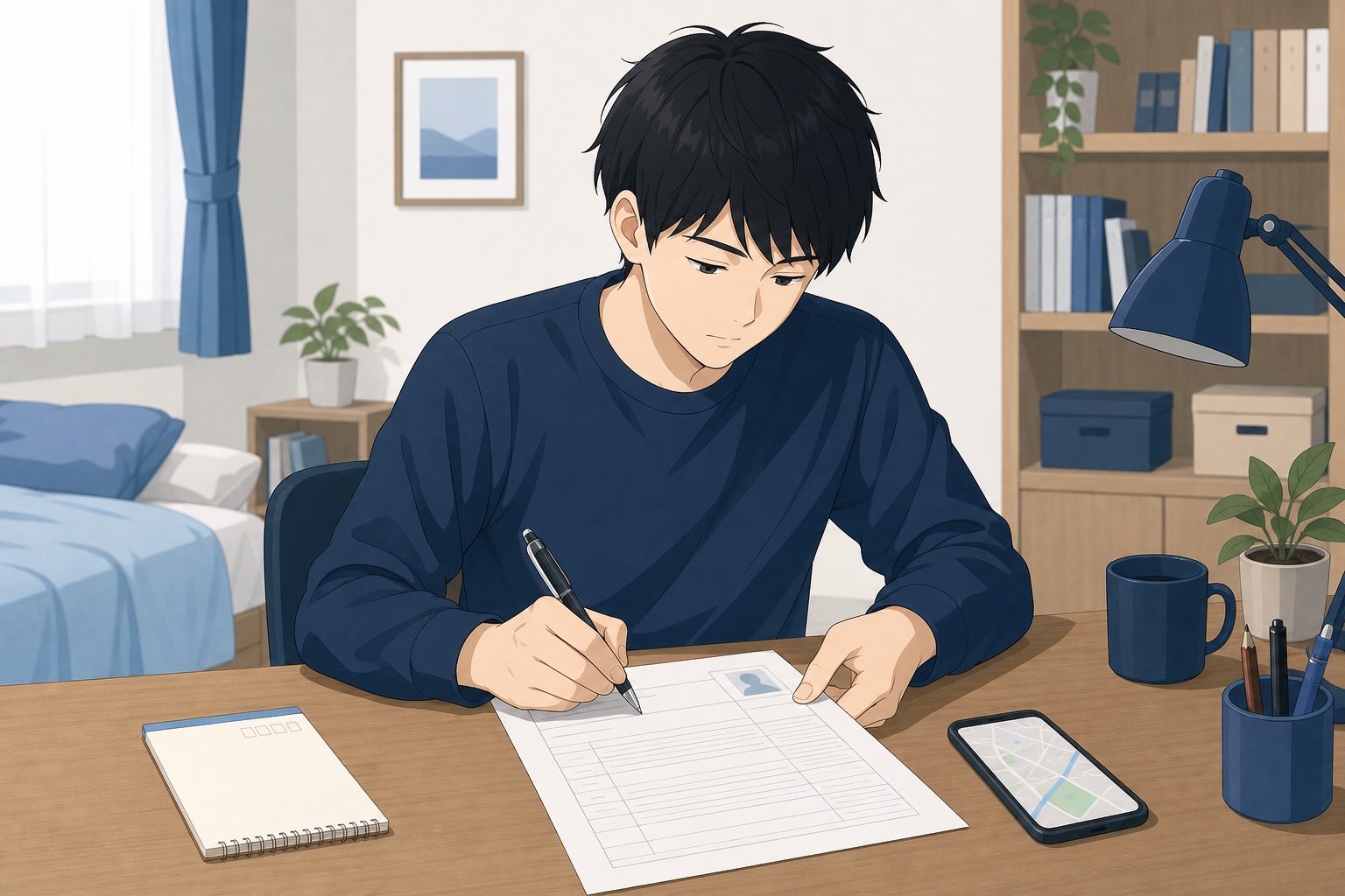 自室の机で履歴書の住所欄にふりがなを記入する20代の就活生のイラスト