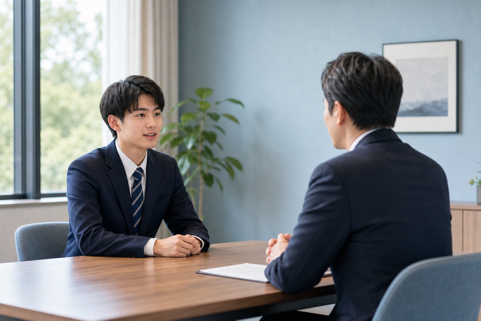 就活の面接で面接官と向き合って話す学生のイラスト