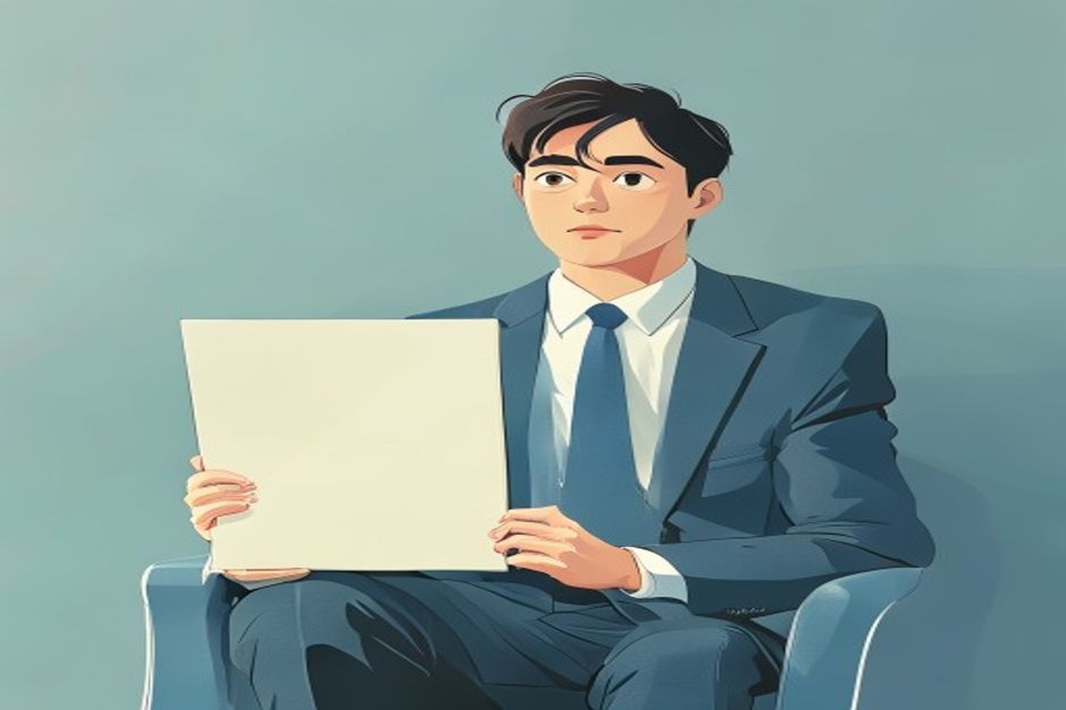 就職活動中の20代の人物が、面接の順番を待つ控室で書類を手に持ち緊張しつつも前向きな表情を浮かべている様子