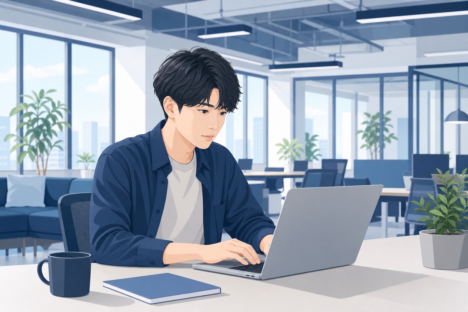スタートアップのオフィスでノートパソコンを使い企業研究をする20代の若手社会人のイラスト