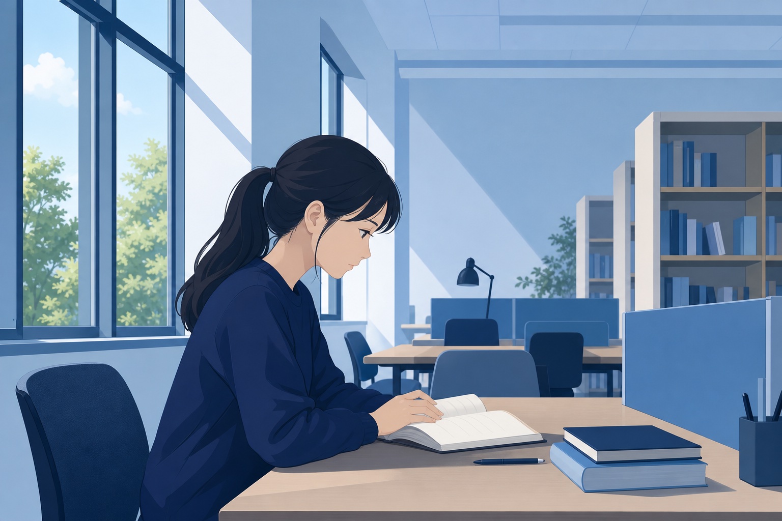 大学の自習室で参考書を読み込む就活生の様子を描いたイラスト