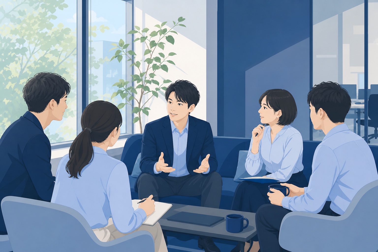 オフィスで同僚と穏やかに意見を交わす若手社員のイラスト