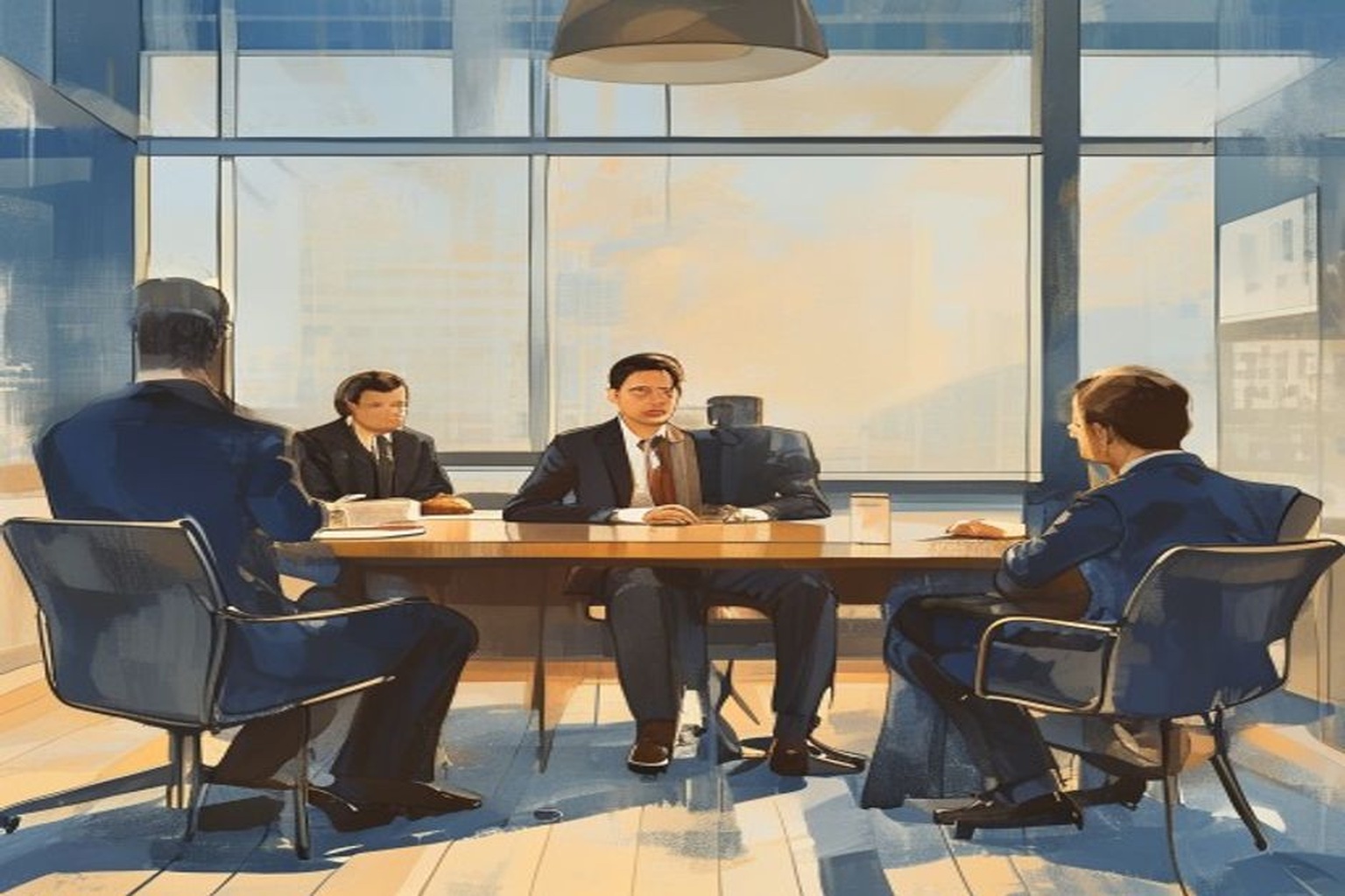 最終面接の会議室でスーツ姿の就活生が役員層の面接官と対面しているイラスト