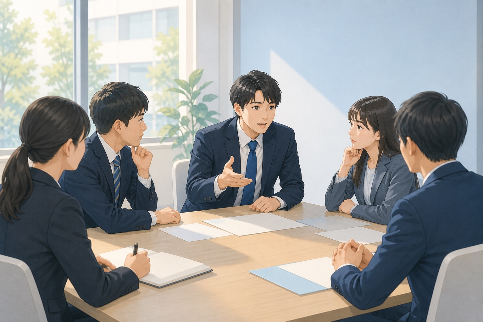 会議室で複数の就活生がグループディスカッションを行い、1人が発言し他のメンバーが真剣に耳を傾けている様子