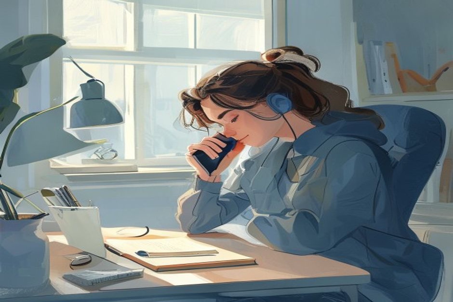 一人暮らしの部屋で電話をかけて選考辞退を伝える就活生のイラスト