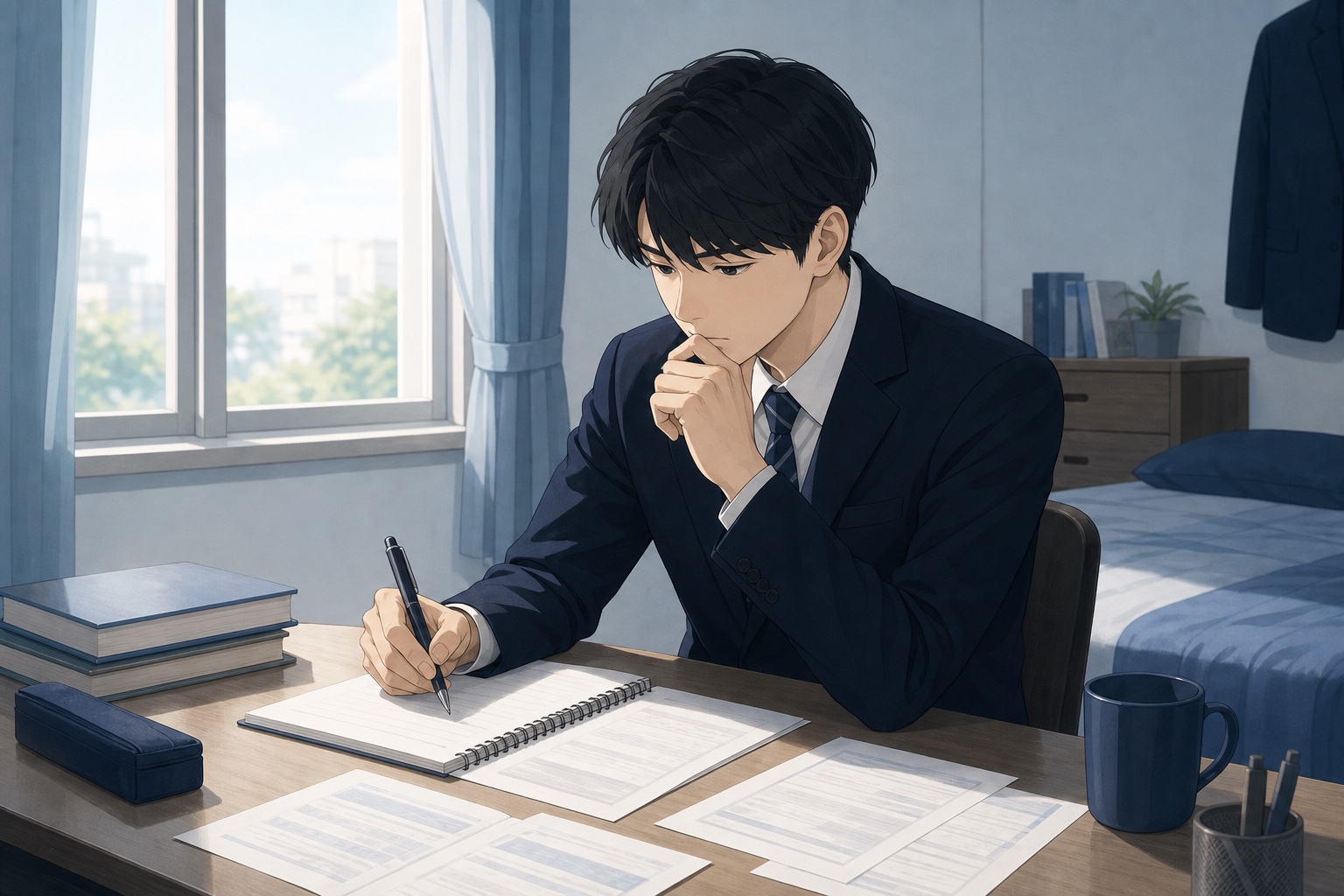 自室の机でエントリーシートの志望動機を考え込む就活生のイラスト