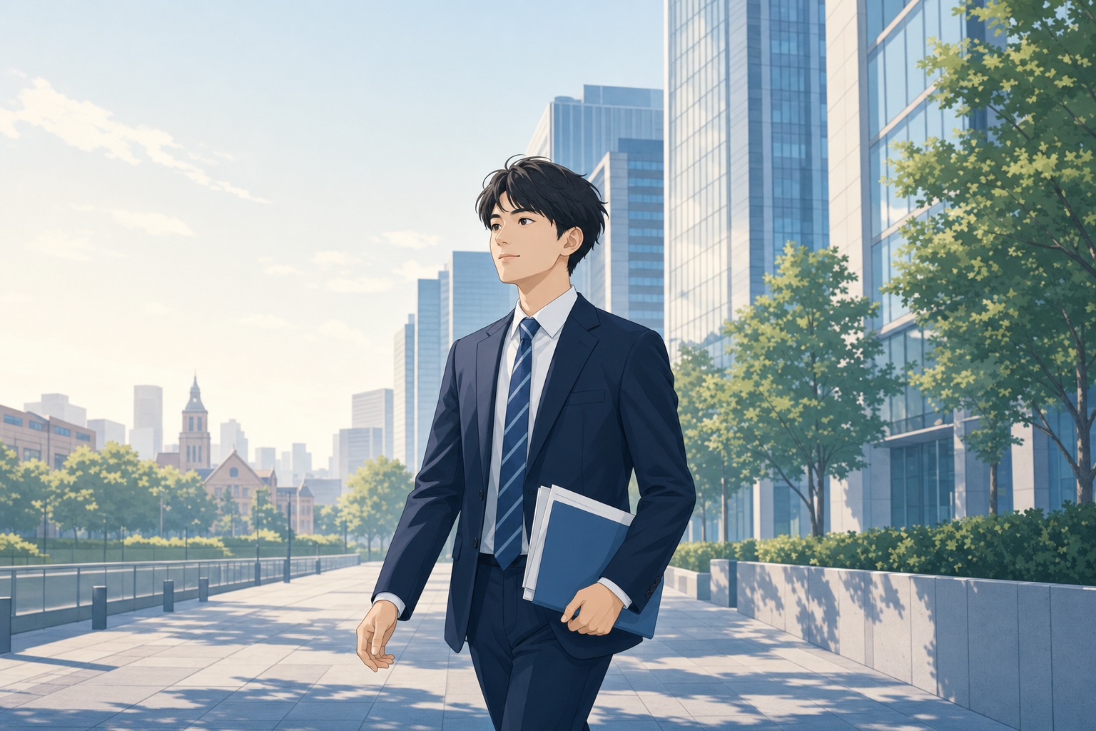 就活シーズンのオフィス街をスーツ姿で歩く大学生の挿絵