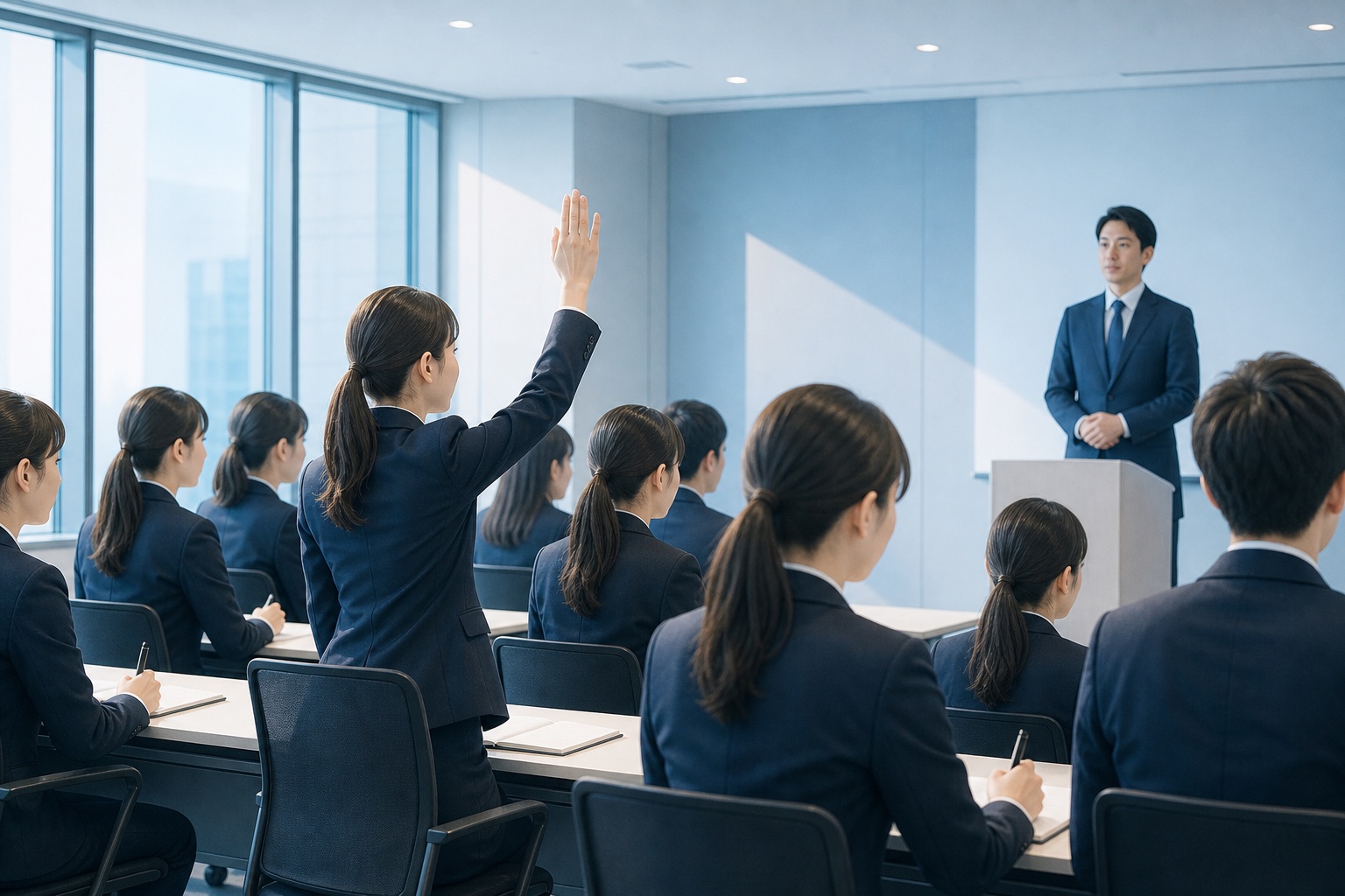 会社説明会の会場で就活スーツの女子学生が挙手して質問している様子。周囲の学生は着席してノートを取り、前方には登壇者が立っている