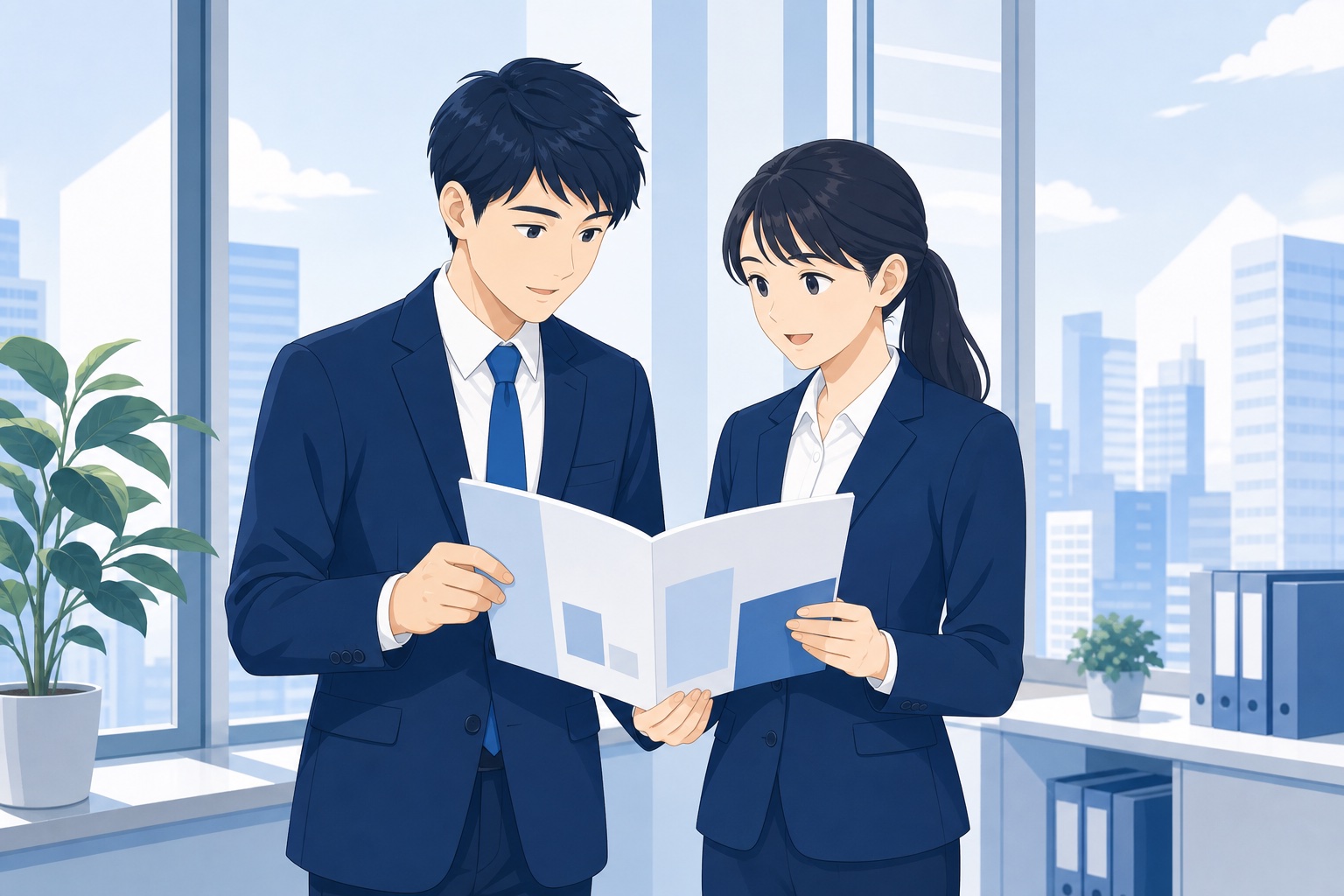 オフィスの窓際で企業パンフレットを見ながら話す20代の男女2人