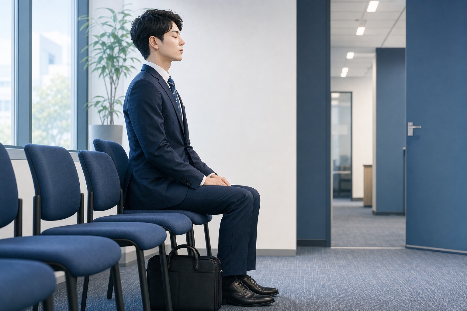 最終面接の控え室でスーツ姿の就活生が姿勢を正して深呼吸をしながら順番を待っている様子のイラスト
