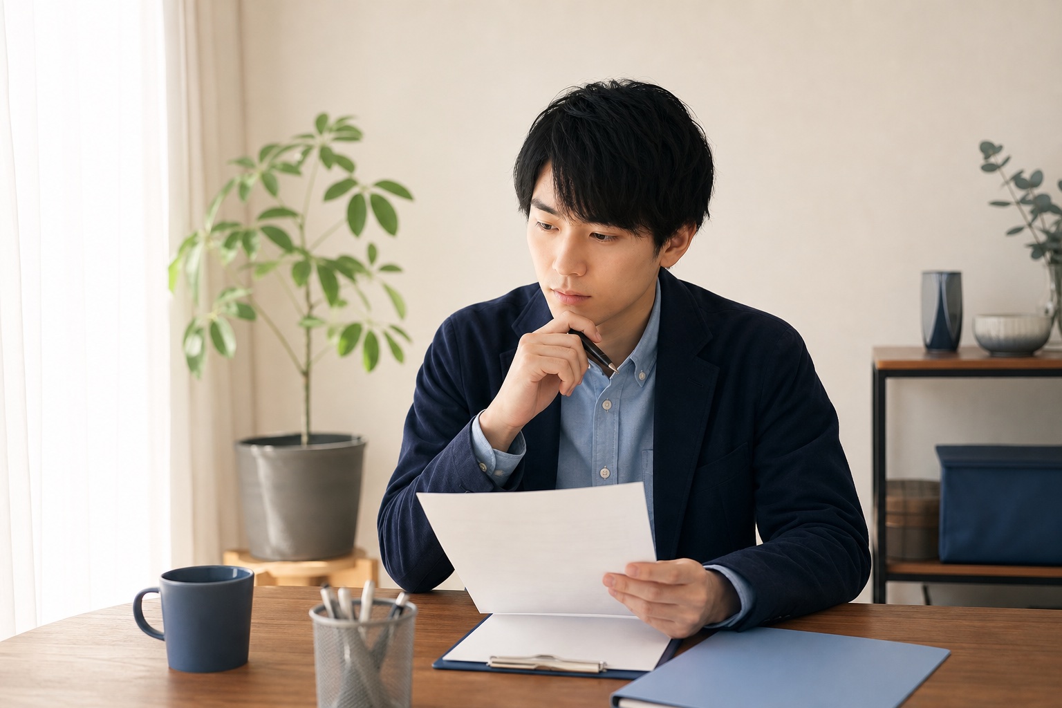 自宅の机で履歴書用紙を手に持ち記入内容を考えている20代の若者のイラスト