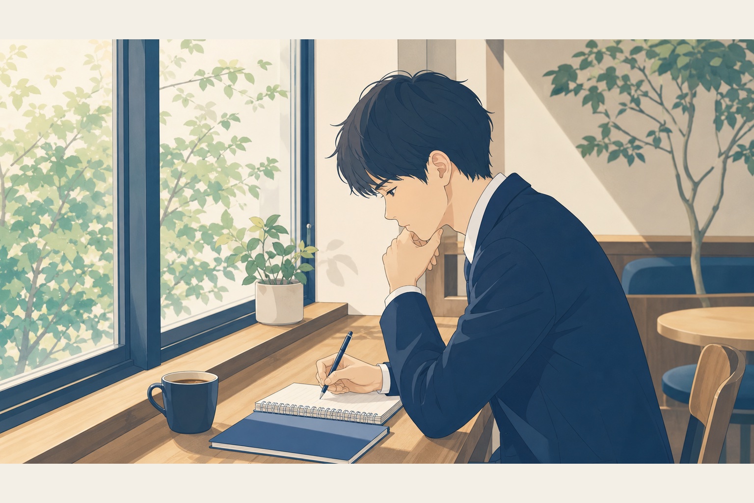 カフェの窓際で就活生がノートにメモを取りながら考え込んでいる様子のイラスト
