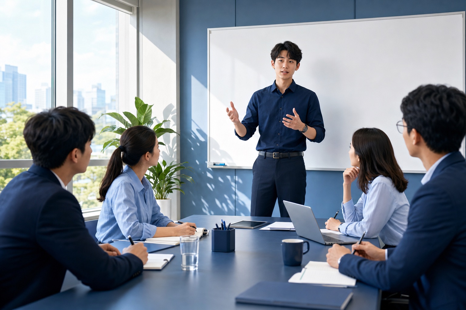 会議室でリーダー役の社員がホワイトボードの前で方針を説明し、チームメンバーがメモを取りながら耳を傾けている様子